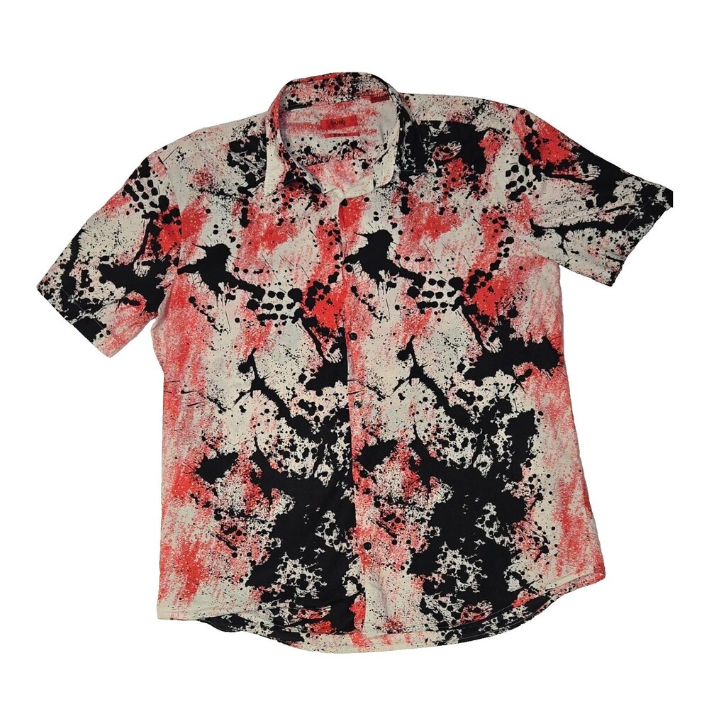 HUGO Hugo Boss Extra Slim Fit Abstract Print Short Sleeve Button Shirt Red Black
